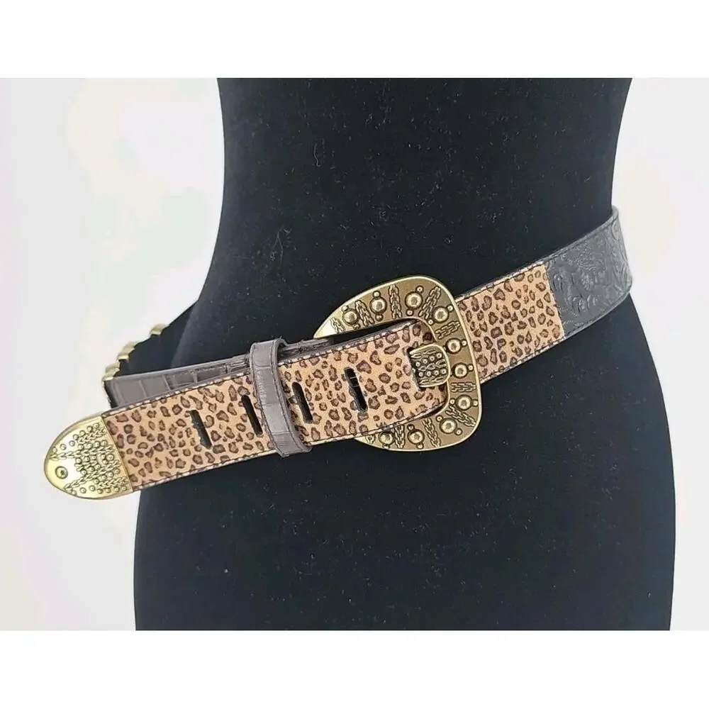 Chico's‎ Women's Leather Belt Small Black Animal Print Gold Buckle